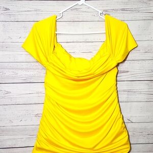 Canary Yellow Bodycon Dress with Ball Gown Sleeves Stretchy Fit Size L